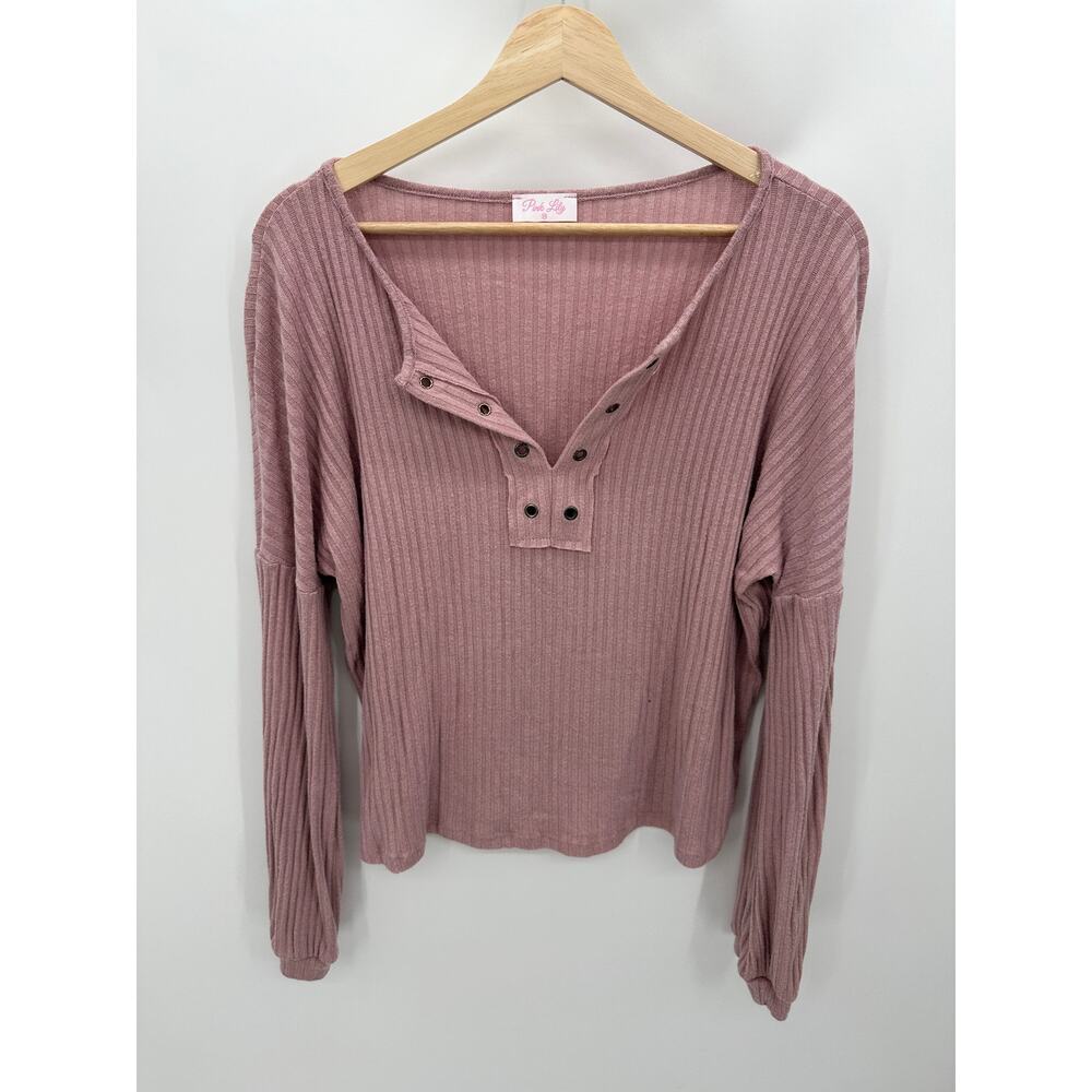 Pink Lily Pink Ribbed Long Sleeve Pullover Top Women's Size Medium M